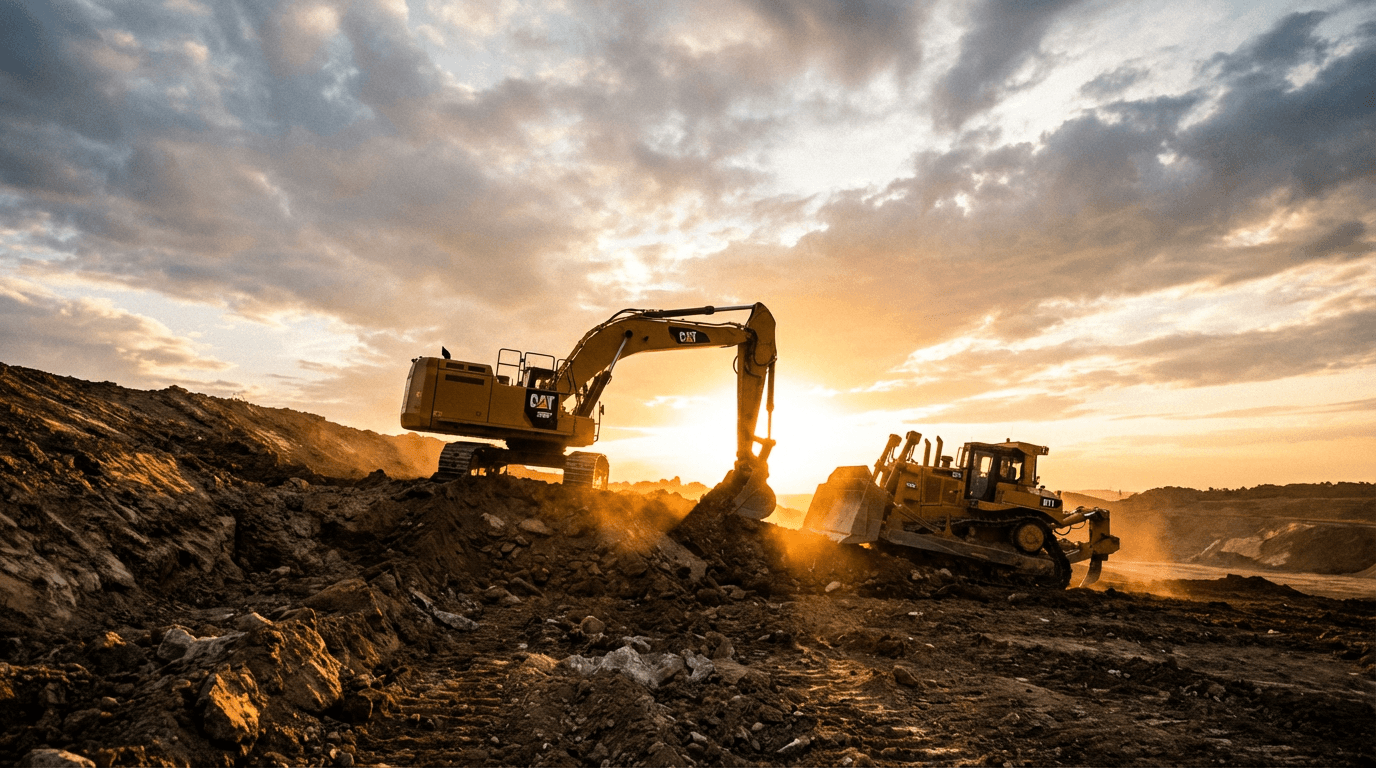 Excavation equipment silhouetted against a dramatic sunset on a job site