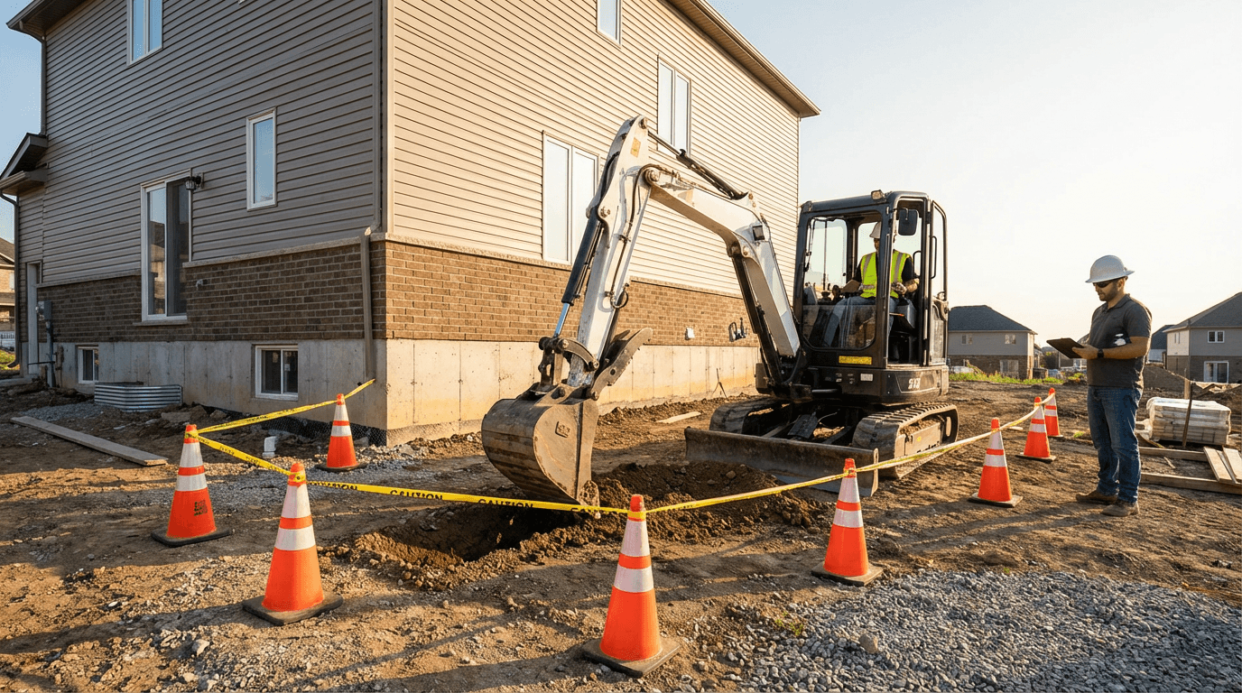 Precision excavation work near a residential foundation