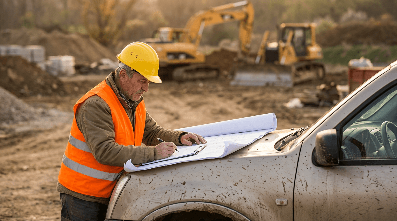 Construction professional reviewing plans at a job site