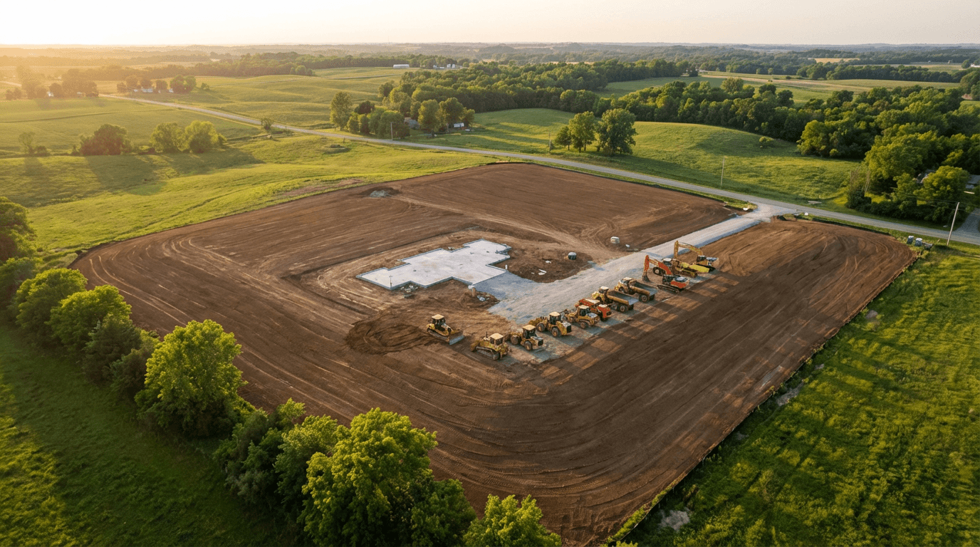 Aerial view of a completed construction site with heavy equipment
